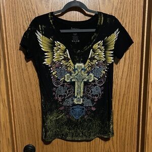 Affliction Gold and Blue Graphic Short Sleeve T-Shirt